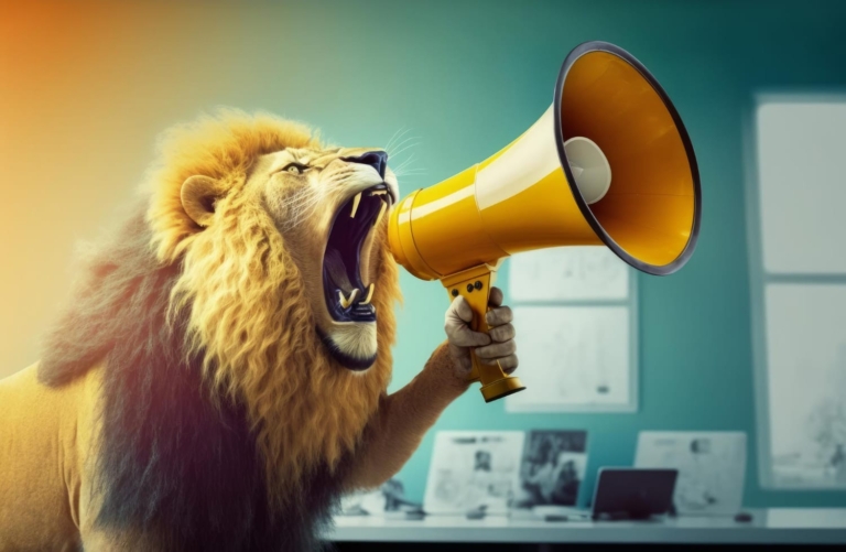 lion-holding-yellow-megaphone-with-its-mouth-open-generative-ai
