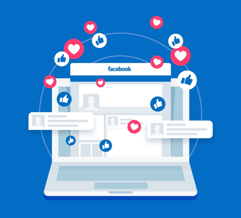 An illustration depicting a laptop with a stylized representation of a Facebook page displayed on the screen. The screen showcases various Facebook reactions such as likes and hearts floating around it, symbolising user engagement and social media interaction.
