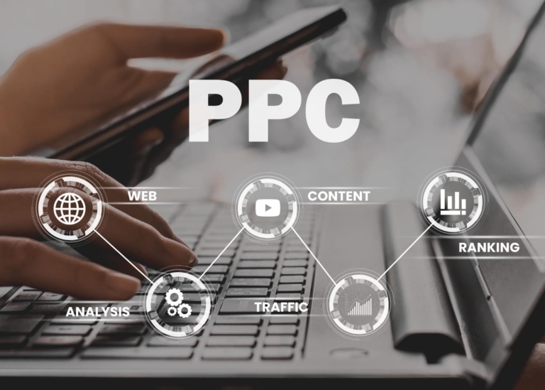 A person using a smartphone in one hand and working on a laptop with the other, with a translucent overlay of the acronym "PPC" and icons representing different aspects of digital marketing such as web, content, analysis, traffic, and ranking.
