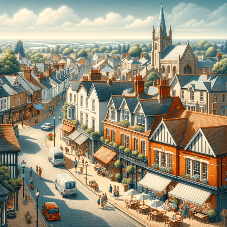 A bustling street scene in Royston town center, showcasing diverse local businesses with colorful storefronts, each featuring signage highlighting their unique services, symbolising the dynamic local business environment ideal for targeted SEO strategies.