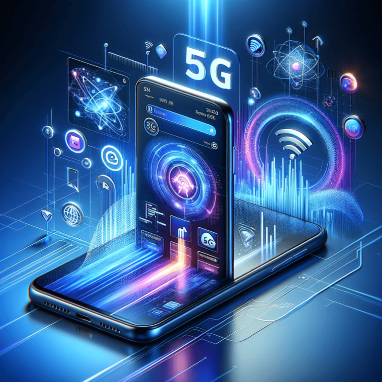 A graphic showcasing the concept of 5G's impact on web design, featuring symbols representing high-speed connectivity and advanced web technology.