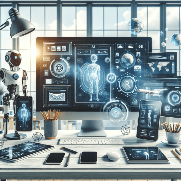 A sophisticated digital workspace featuring cutting-edge e-commerce solutions, with a monitor, smartphone, and tablet displaying responsive interfaces, complemented by AI and AR technology.