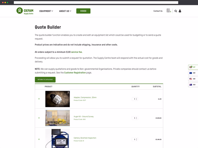 Oxfam Supply Centre project detail screen from the case study