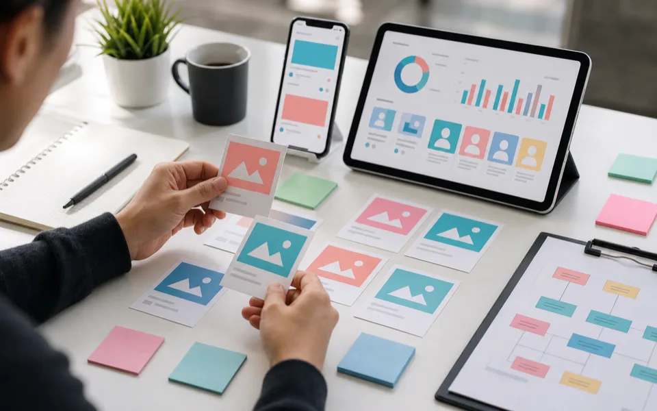 Social advertising creative cards and campaign performance charts being reviewed on a planning desk.