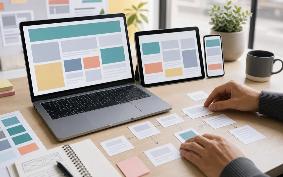 Responsive website layouts and sitemap cards being reviewed across laptop, tablet, and mobile screens.