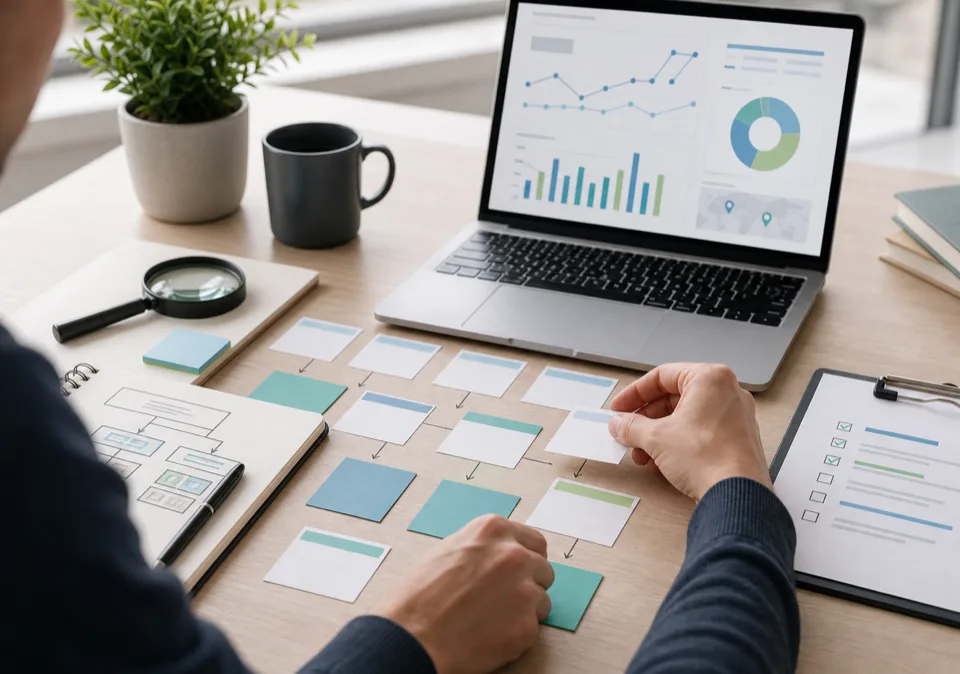 SEO topic cards and search visibility charts being arranged during a planning review.