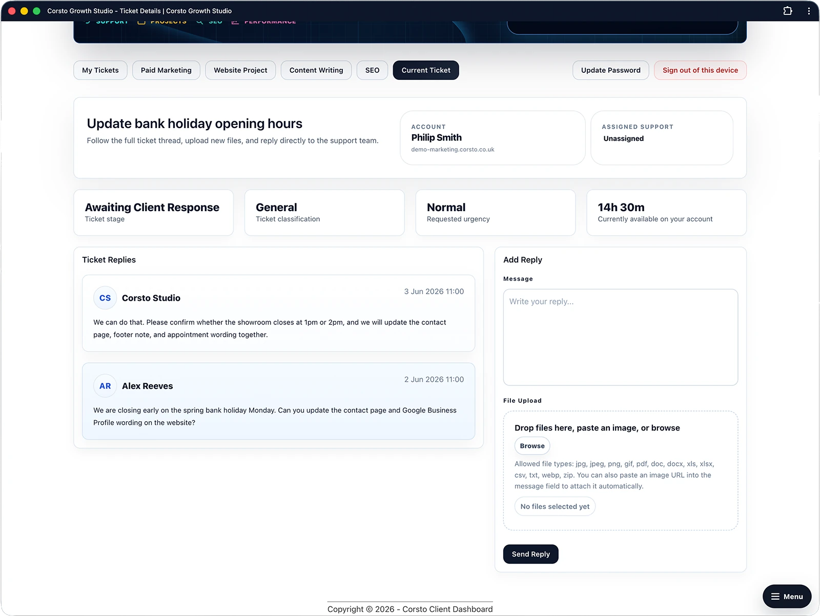 Customer support ticket detail screen showing an awaiting-client-response request, ticket replies and an add-reply panel.