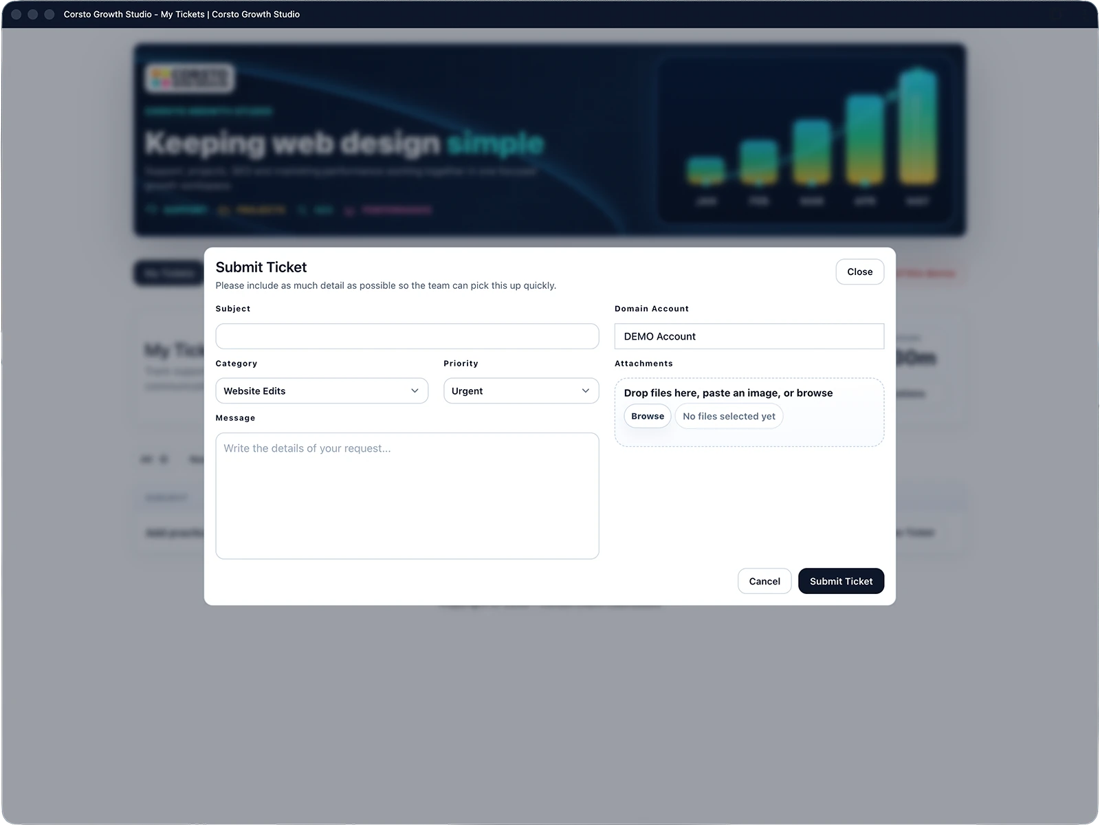 Submit ticket modal in the customer support dashboard with subject, category, priority, message, domain account and attachment fields.