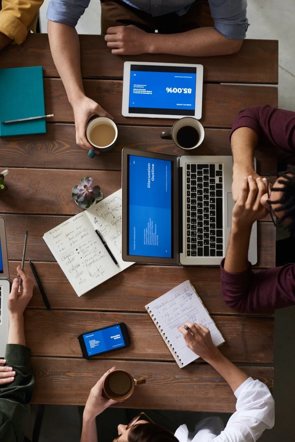 Coffee and teamwork on a Corsto desk.