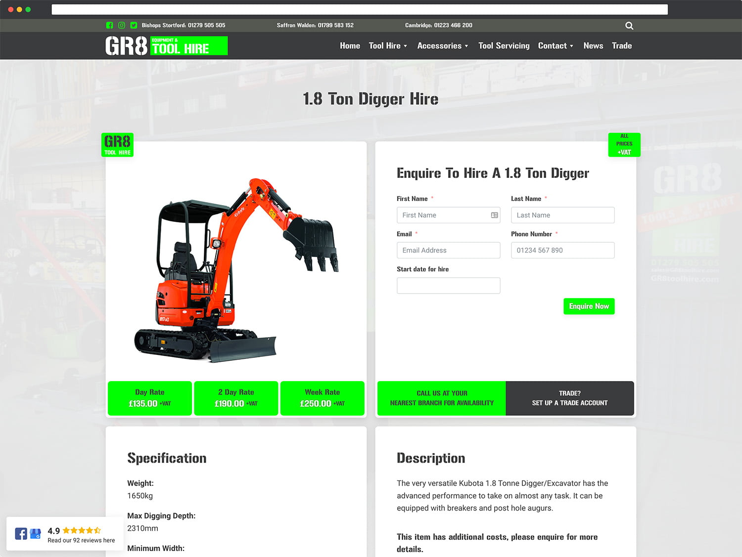 GR8 Tool Hire, Booking Page