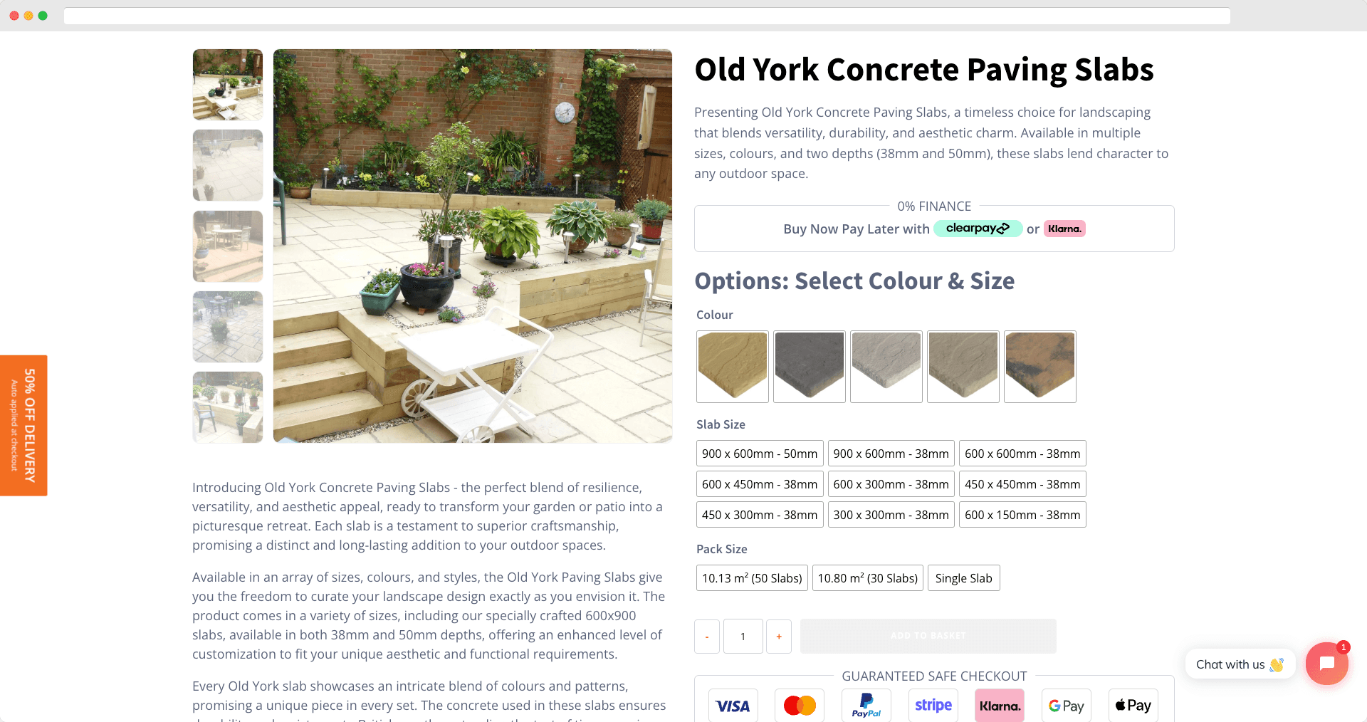 Screenshot of the Old York Concrete Paving Slabs product page on Stansted Paving website, showcasing options for colour and size selection with secure payment icons for Visa, Mastercard, PayPal, Klarna, and Google Pay.