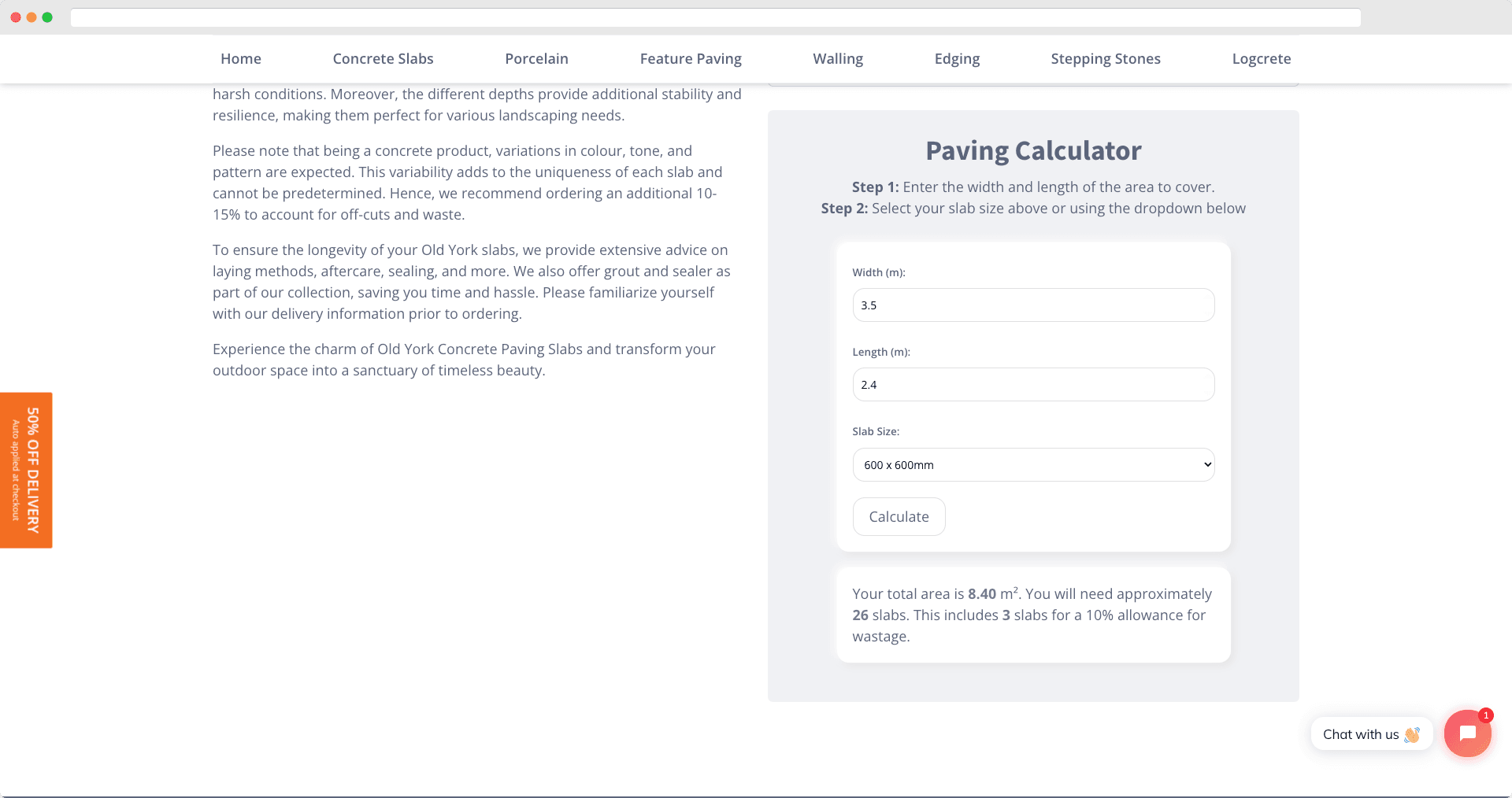 Interface of Stansted Paving's custom paving calculator feature, showing input fields for width and length and a dropdown for slab size selection with a 'Calculate' button.